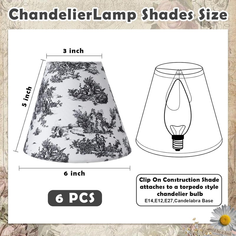 VIHOSE 6 Pcs 6 Pcs Chandelier Lamp Shades Small Chinoiserie Lamp Shade 3 x 6 x 5 Inch French Countryside Toile Clip Bulbs Lampshade for Wall Sconces Pendant Lighting (Black and White Crane) - Image 2
